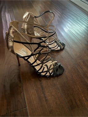 Jimmy Choo Black Strappy Cage Heels with Gold Back